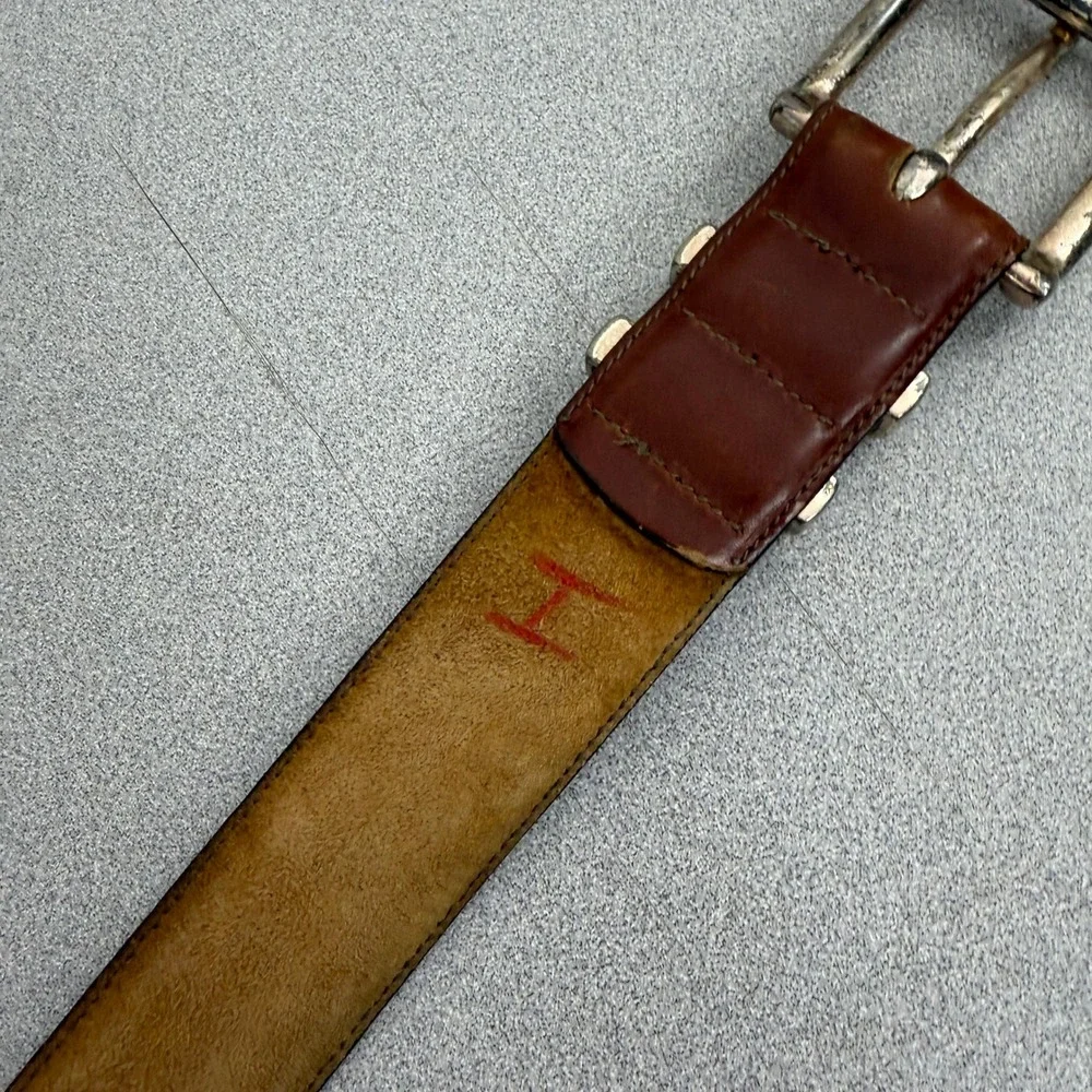 Honest Belt Mens 38? Brown Leather Silver Buckle Distressed Brighton Casual 1.5